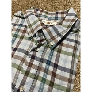 Alan Paine Mens Blue Green Plaid Button Down Shirt 100% Cotton Long Sleeve L